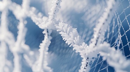 Details metal mesh in the snow fence covered by snow and hoarfrost Beautiful white fence net snow outdoors in winter closeup : Generative AI