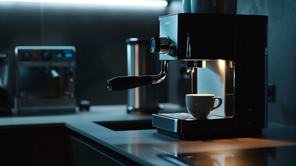 Poster - Modern espresso coffee machine with a cup in interior of kitchen closeup : Generative AI