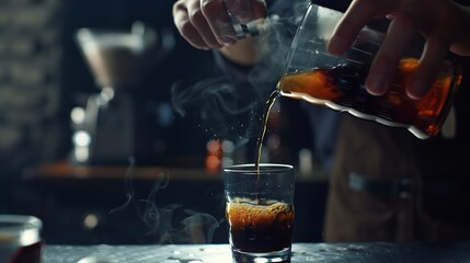 Poster - Barista making coffee Barista pouring drip coffee into glass : Generative AI