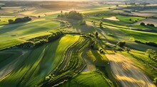 Aerial View Of Countryside With Mowed Grass In Meadows And Barley Field In Hilly Landscape Nutter Ootmarsum Twente Overijssel Netherlands : Generative AI