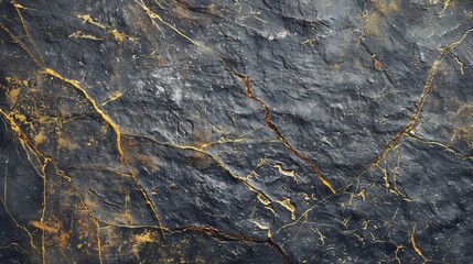 Aufkleber - Gray rough mountain surface with yellowbrown veins and cracks Closeup Rock texture Dark rusty stone background with copy space for design Wide banner Panoramic Grunge backdrop : Generative AI