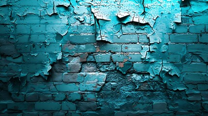 Leinwandbilder - Blue grunge background Lighting effect on an old painted brick wall Blue brick wall with cracked paint Turquoise vintage background : Generative AI