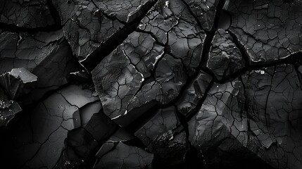 Poster - Black rock texture Rough mountain surface with cracks Closeup Dark stone background with space for design Grunge Banner Wide Long Panoramic : Generative AI
