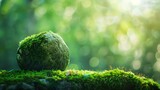 Fototapeta  - A stone covered with green moss on a blurred forest background Closeup Natural background with copy space for your design Web banner Outdoor : Generative AI