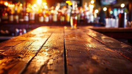 Poster - Empty wooden bar counter with defocused background and bottles of restaurant bar or cafeteria background for your product display : Generative AI