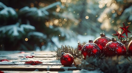 Poster - Festive Christmas composition of balls and red stars on wooden platform in forest outdoors framed by snowcovered fir branches with copy of space : Generative AI