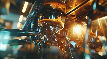 Poster - Coffee machine and men Extraction of freshly brewed espresso from a professional machine with bottomless filter in cafe shop barista making coffee with selective focus : Generative AI