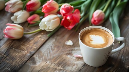 Poster - Cup of coffee with milk and tulips flowers on wooden kitchen table Freshly brewed cappuccino espresso in coffee machine for breakfast Stylish home interior decor High quality photo : Generative AI