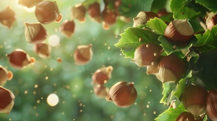 Aufkleber - Many hazelnuts fall from the tree on a green natural background Beautiful large hazelnuts closeup macro : Generative AI