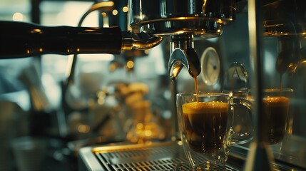 Poster - Barista making coffee with machine Young coffeemaker making espresso in restaurant : Generative AI