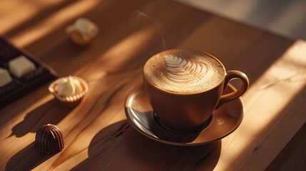 Poster - A cup of hot coffee with foam and chocolate sweets on the table Beautiful composition concept for a coffee house : Generative AI