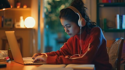 Poster - Portrait of a student learning on line with headphones and laptop taking notes in a notebook sitting at her desk at home : Generative AI