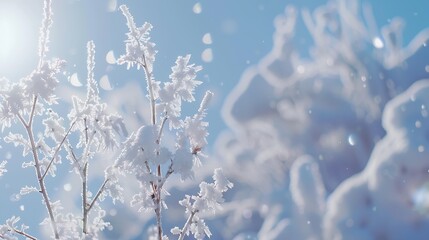 Poster - White Winter Branches under the sparkling fluffy snow Hoarfrost on the branches and plants Snowdrift : Generative AI