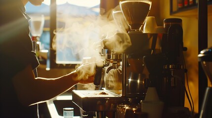 Poster - Cropped photo of young barista making coffee with manual presses ground coffee using tamper Barista working in coffee shop : Generative AI
