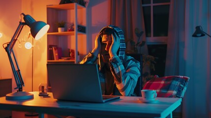 Poster - Euphoric winner watching a laptop on a desk winning at home : Generative AI