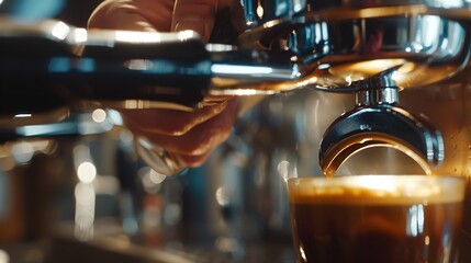 Poster - Closeup partial view of barista preparing coffee at coffee machine Partial view of barista holding portafilter while preparing coffee in bar : Generative AI