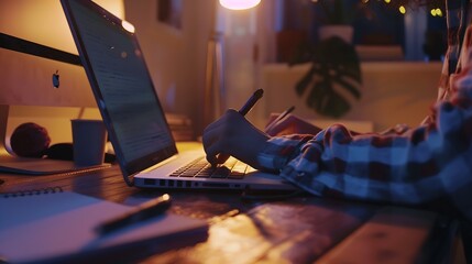 Poster - Entrepreneur working online with a laptop and taking notes in a notebook in a little office desktop or home : Generative AI