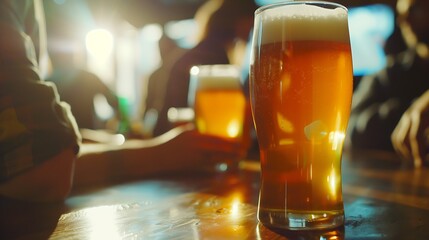 Poster - Group of people having lunch at brewery bar restaurant Close up glass beer on dining table Brewery and food concept : Generative AI