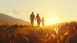 Silhouette of happy family walking in the meadow at sunset Mother father and child son having fun outdoors enjoying time together Family love mental health and happy lifestyle concept : Generative AI