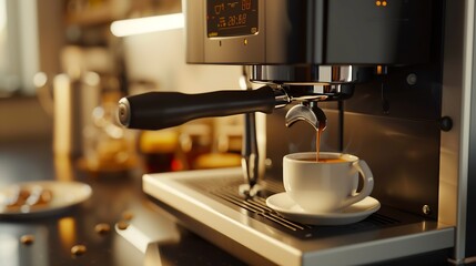 Poster - closeup image of the coffee machines that are operating automatical Coffee flowing into coffee cup that is prepar for service Coffee aroma bake the whole shop and the shop atmosphere t : Generative AI