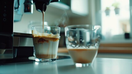 Poster - Modern coffee machine pouring milk into glass cup on white countertop in kitchen : Generative AI