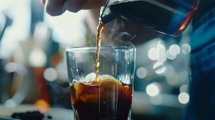 Poster - Barista making coffee Barista pouring drip coffee into glass : Generative AI