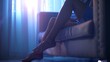 Profile of a perfect woman legs sitting on a couch at home hair removal concept : Generative AI