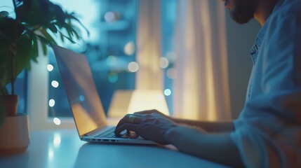 Poster - Happy casual entrepreneur working on line typing with a laptop at office with a window in the background : Generative AI