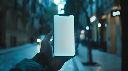 Aufkleber - Unfocused man hand showing to you a blank phone screen in the street : Generative AI