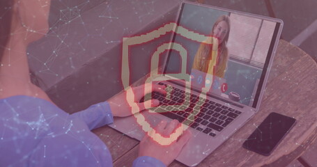 Poster - Image of online security padlock and network of connections over woman using laptop on image call
