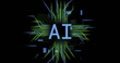 Image of ai text, circuit board with data processing over black background