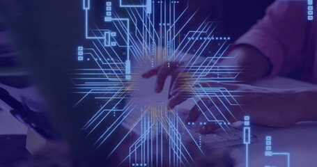 Poster - Image of circuit board with data processing over caucasian woman using laptop
