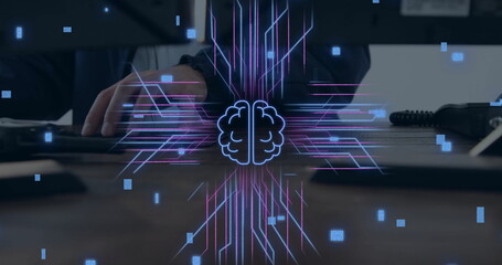 Poster - Image of circuit board with data processing over caucasian man using laptop