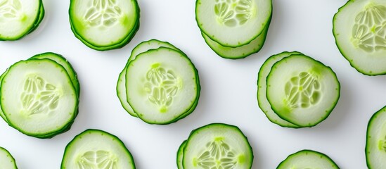 Poster - Fresh and vibrant cucumber slices on a clean white background for food photography and design projects
