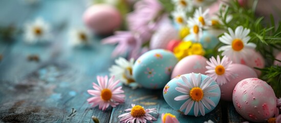 Poster - Colorful Easter eggs and daisies on a rustic blue wooden table, festive spring decoration