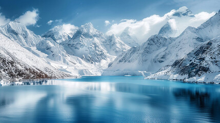 Wall Mural - A serene and picturesque mountain lake surrounded by snow-covered peaks in winter realistic stock photography