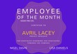 Employee of the month, project manager text and details over purple seal on blue background