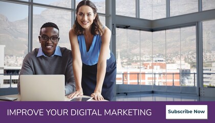 Poster - Composite of improve your digital marketing text over diverse businesspeople with laptop