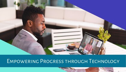 Poster - Empowering progress through technology text over diverse businesspeople on laptop call