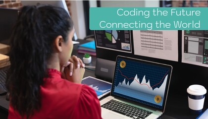 Poster - Composite of coding the future, connecting the world text over businesswoman with laptop
