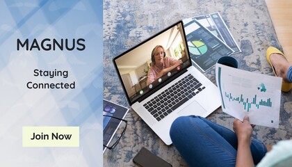 Poster - Composite of magnus staying connected text over diverse businesspeople on laptop call