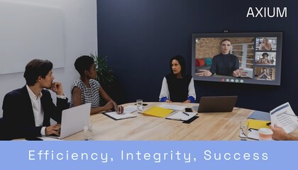 Poster - Composite of efficiency, integrity, success text over diverse businesspeople in office