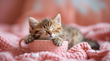 Adorable kitten sleeping in a pink knitted cup on a soft blanket, depicting coziness and pet care.