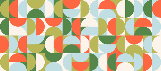 Poster - Bright semicircle seamless pattern. Abstract geometric half circle and square background. Colorful Swiss modernist or postmodern style wallpaper. Vector orange, blue, green modular repeating backdrop