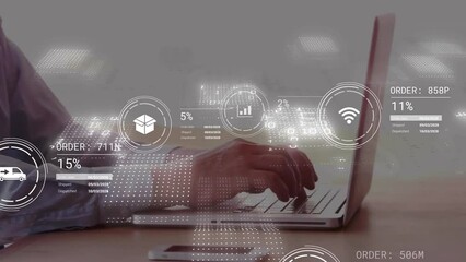 Poster - Animation of statistics and data processing over caucasian businessman using laptop in office