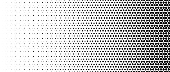 Poster - Hexagon halftone gradient texture. Abstract black and white hex gradation background. Geometric retro tech wallpaper. Fading hexagonal pattern backdrop. Vector vanishing honeycomb grunge overlay