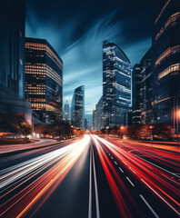 Road light in city, night megapolis highway lights of cityscape , megacity traffic with highway road motion lights, long exposure photography.	
