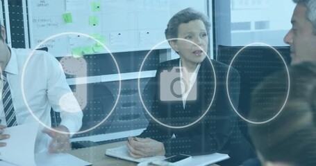 Sticker - Animation of digital icons data processing over diverse business people in office