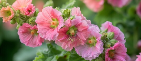 Wall Mural - Beautiful pink flowers with vibrant green leaves in a garden full of natural beauty and tranquility