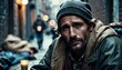 Amid the city's alleyways, a man with a somber expression reflects the solitude of homelessness. His eyes convey a story of life's relentless adversities and the struggle for sustenance.